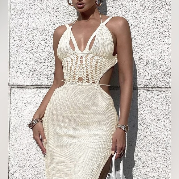 Boho Knitted White & Black Lightly Braided Dress Summer Coverup, Beach Summer - Picture 2 of 4